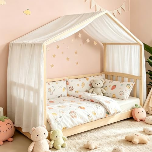 Baldachin aus 100% Baumwolle für Kinderzimmer Betthimmel für Hausbett & Kinderbett Himmelbett Vorhänge als Deko für Mädchen & Jungen platzsparend für kleine Räume (Weiß, H360 x B135 cm(1er Pack))