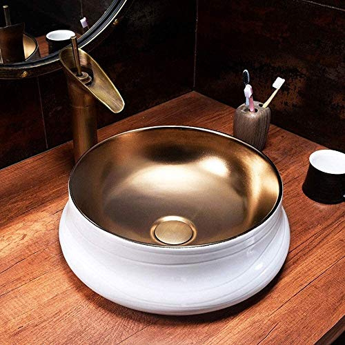 TIANQIHAO Mueble De Baño con Lavabo sobre Encimera, Lavabo De Porcelana De 11,7, Lavabos Redondos, Encimera Dorada.
