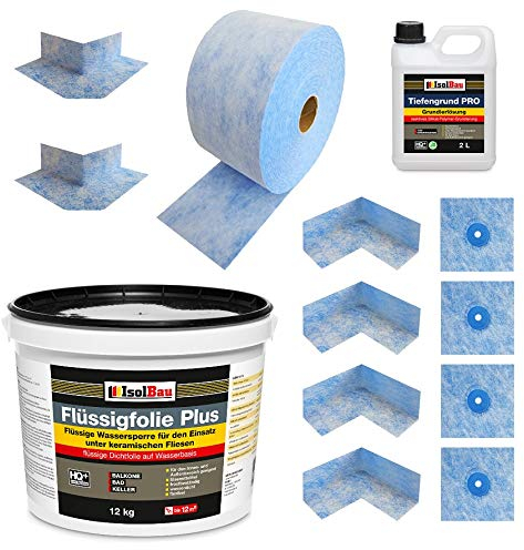Isolbau Komplett-Dichtset - Inkl. 1x Flüssigfolie PLUS (12 kg), 1x Tiefengrund PRO (2L), 1x Dichtband (20 m), 4x Innenecken, 2x Außenecken & 4x Manschetten