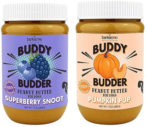 BUDDY BUDDER Bark Bistro Company, Superberry Snoot + Pumpkin Pup, Natural Dog Peanut Butter, Dog Treat, Made in USA (Set of 2, 17oz Jars)