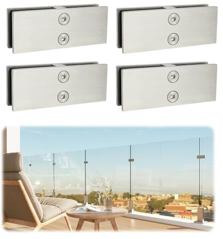 LukLoy Railing Glass to Glass Clamp, Stainless Steel 304 Bracket for Glass Balustrade Railing Pool Fence (4 Pieces 180°) | Frameless for 5/16–1/2 Thick Glass, No Drilling, Brushed Bracket for Pool Fence, Balcony, Deck
