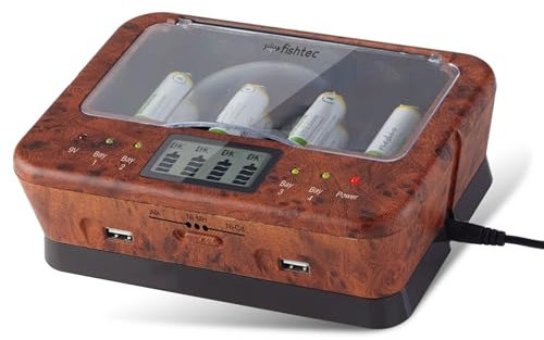 Caricatore per pile ricaricabili AA/LR6, AAA/LR3, C/LR14, D/LR20, 9V, NiCd e NiMh + ALKALINE - Schermo LCD - Indicatore di carica - Caricatore universale capacità 4 pile + 2 porte USB - Olmo - Legno