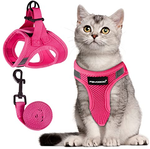 FAYOGOO Katzengeschirr mit Leine Set Ausbruchsicher Verstellbar Brustgeschirr für Katzen und Kitten Soft Harness mit Klettverschluss Katzenleine Schleppleine