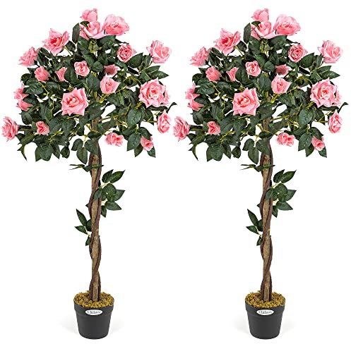 Christow Artificial Rose Tree in Pot, Pink Flowers, 4ft, Pair | UV-Protected Foliage & Flowers, Twisted Wooden Trunk, Weighted Pot, Indoor & Outdoor Decoration, Ideal for Homes & Gardens