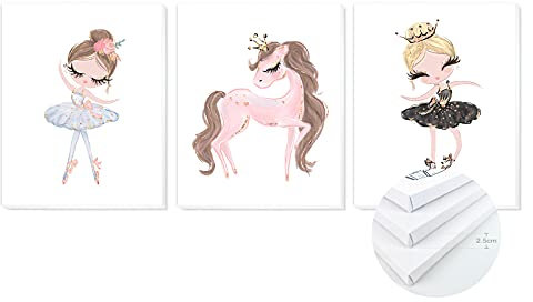 TIME HOME DEVELOPMENT Cuadros Infantiles de Lienzo Impreso con Bastidor para decoración Pared habitación Dormitorio niños - Pack tríptico 3 Cuadros con Bastidor Madera tamaño 40x50cm (Bailarinas)