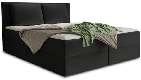 Sofnet Boxspringbett Egro mit 2 Bettkästen und Zwei große Kissen - Doppelbett mit Bonell-Matratze und Topper, Polsterbett, Bett, Bettgestell Schlafzimmer (Schwarz (Kronos 07), 180 x 200 cm)