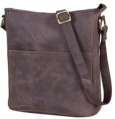 LEABAGS Bolso de Cuero para Mujer | Bandolera de Cuero Genuino | Trabajo, Universidad, Escuela y Tiempo Libre | Tamaño L (31 x 23 x 6 cm) | Marrón Oscuro Natural