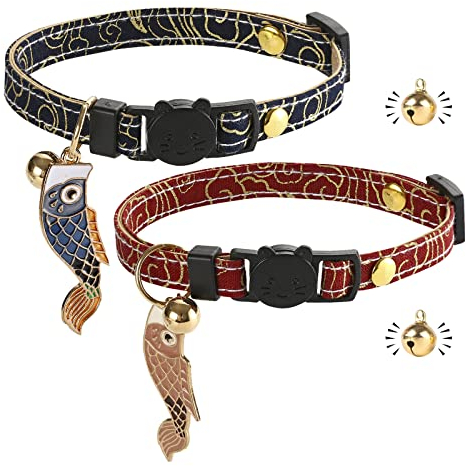 Katzenhalsband mit Schnellverschluss | Halsband für Katze mit Leder | handgefertigt | mit Glocke | goldene Kugel | Japanisches Design | verstellbar | 2 Stück