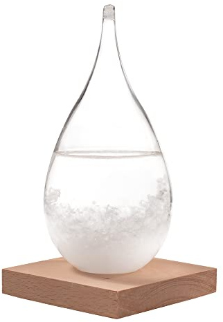 Wetterstation in Tropfenform: Sturmglas zur Wettervorhersage, Wetterglas mit Wasser Kristallen, Innen Barometer zur Wetterprognose, Weather Station aus Glas, Glastropfen mit Holzsockel