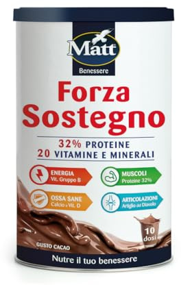 Matt, Forza Sostegno, Integratore Alimentare in Polvere a Base di Proteine e 20 Vitamine e Minerali, Contribuisce alla Crescita della Massa Muscolare, 280g
