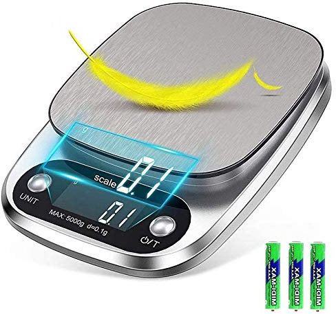 Mobxpar Báscula digital de cocina, báscula digital profesional, de acero inoxidable, precisión hasta 0,1 g (5 kg de peso máximo), báscula de alimentos de precisión con función tara