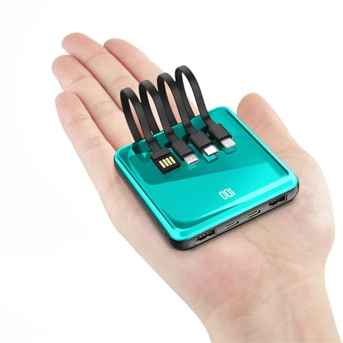Power Bank with Built in Cables, 10000mAh Slim Portable Charger LED Display, Small External Battery Pack with 4 Inputs and 5 Outputs Phone Charger for iPhone Samsung Huawei iPad etc (blue)