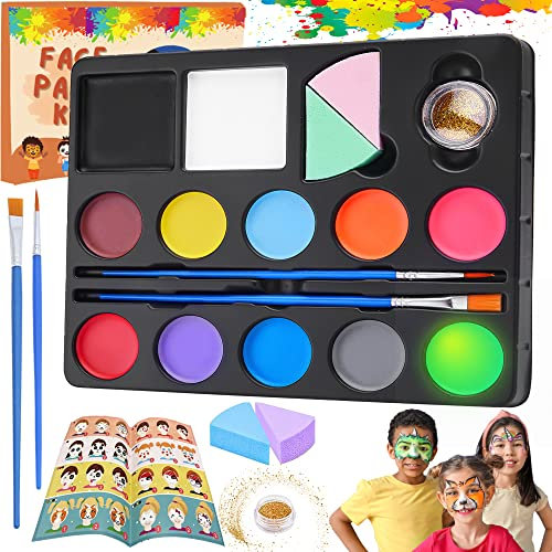 Lubibi Colori Trucco Viso Bambini,Body Paint Tavolozza,12 Colori(2 Fluorescente),1 Glitter,Truccabimbi Kit,Trucchi Bambina anallergici,Kit Halloween Carnevale Pasquale Cosplay Pasqua Compleanno Trucco