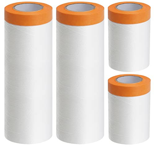 4Rollen Abdeckfolie mit Klebeband(270cm+240cm+55cm),Transparent Abdeckfolie mit Gewebeklebeband,Maler Abdeckfolie Selbstklebend, PET Masker Tape UV Beständig Masker Tape Malerkrepp zum Staubschutz
