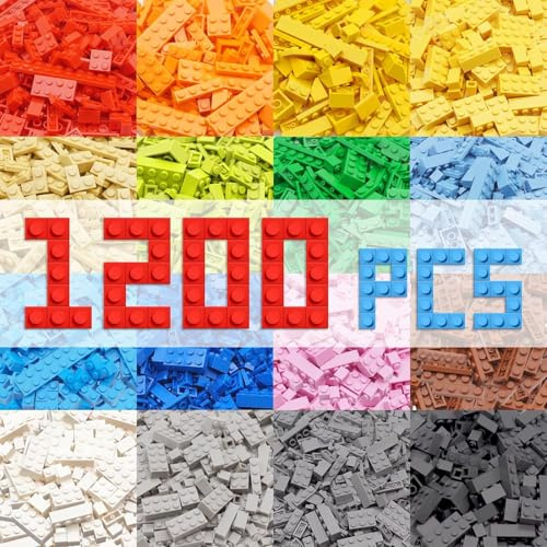 HIUME Building Bricks Classic 1200 Pieces Kids Building Blocks Box Compatible with Construction Building Blocks,12 Colors 14 Bulk Shapes for Boys and Girls.