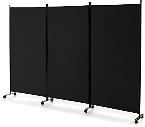 CASART Folding Room Dividers, 3/4 Panels Movable Protective Privacy Screens with Lockable Wheels, Steel Frame Portable Fabric Screen Room Partition for Home Office (3 Panels-260x30x180 cm, Black)