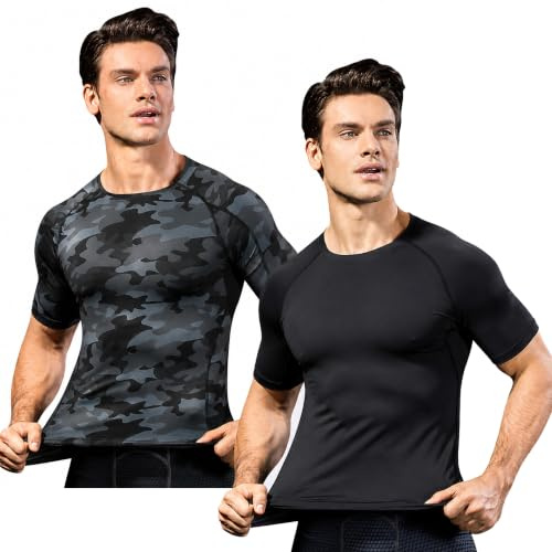 SANANG Hommes Bodybuilding T - Shirt Slim Chemise De Compression à Séchage Rapide Manches Courtes Running Baselayer Top
