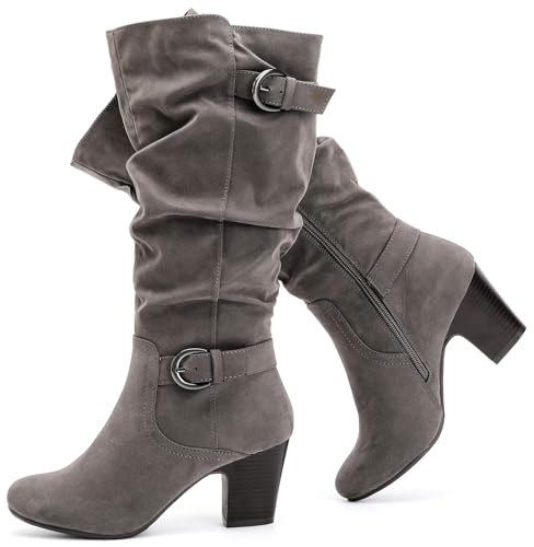 Ruiee Knee High Boots for Women Slouchy Chunky Heel Long Boots Pointed Toe Comfort and Fashion Fall Winter Woman Boot.230301 Grey ZPU UKsize6.5