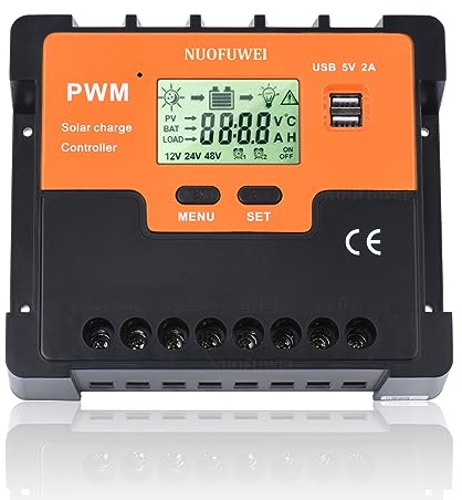 NUOFUWEI 100A Solar Laderegler 12V 24V 48V Solarregler, PWM 100A Solarladeregler mit Temperatursensor 2USB Ports für Max Solarpanels 12V(1300W) 24V(2600W) 48V(5200W) Bleisäurebatterie Lithiumbatterie