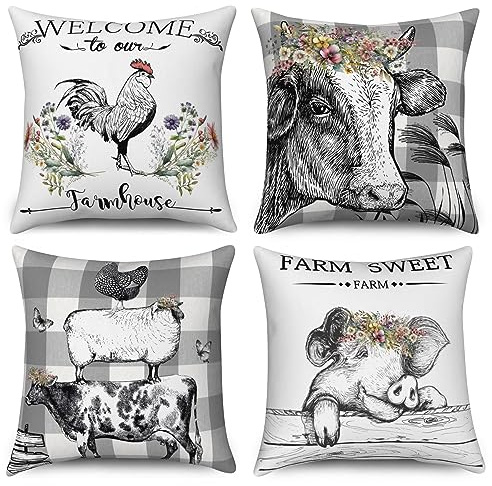 ASDCXZ Kissenbezug 40x40 cm 4er Set, Bauernhof Niedlich Tier Huhn Rinder Schafe Schwein Sofa Dekokissen Kissenbezüge Kissenhülle Waschbar Polyester Flachs Textil Outdoor Kopfkissenbezug Kissen Bezug