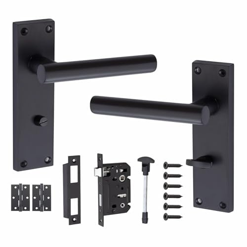 Golden Grace Victorian T-Bar Door Handles Lock Pack Matt Black Bathroom Set | Supplied with mortise lock, 3 ball bearing hinges, and elegant backplate handles for an all-in-one internal door setup.