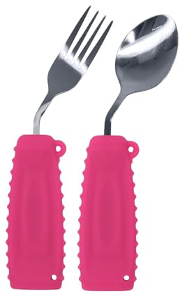 Ehucon Vaisselle lestée adaptative en argent, cuillère coudée et fourchette, pour tremblements à la main, Parkinsons, nourriture indépendante (main gauche, rose, lot de 2)