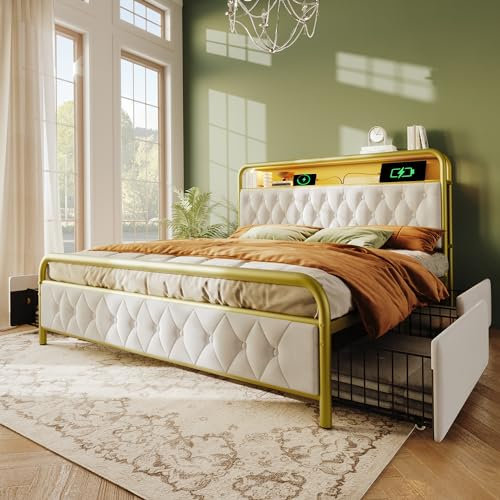 Merax Polsterbett Metallbett 160x200cm mit 4 Schubladen, LED-Beleuchtung, Ladefunktion, Lagerregal, Doppelbett Bettgestell, Stabil Metallrahmen, Stauraumbetten, Jugendbett, Samt, ohne Matratze, Weiß