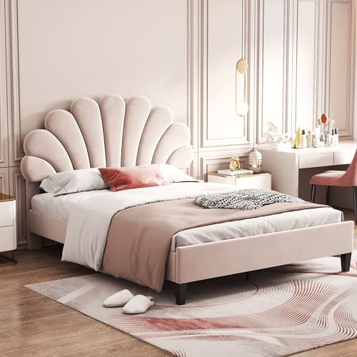 YCYDHDM Polsterbett 140x200 cm mit Kopfteil in Blumenform, Kinderbett Doppelbett, Stauraum unter dem Bett, Bettgestell aus Massivholz und Samt, Bett mit Lattenrost, Ohne Matratze, Jugendbett, Beige