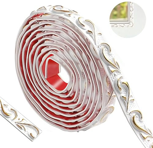 ztowoto Papier peint autocollant flexible pour plafond - Motif vintage 3D - 300 cm - Bordure murale décollable et collable - Décoration intérieure (blanc et doré, 2 cm)