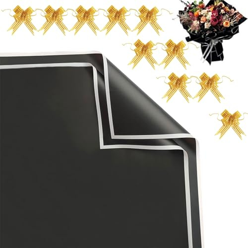 20 Blatt Blumen Papier Mit Band,Blumenpapier Für Geschenkverpackungen,Wasserdicht Wrapping Paper,Blumenstrauß Geschenkpapier,Blumen-Geschenkpapier Für Bastelarbeiten,Schwarz,58x58CM,Kiuiom