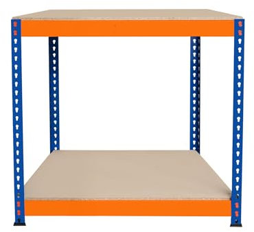 S-Rax 2-stufige Werkbank 90cm x 60cm x 90cm | 300kg/Regal & 6 verstärkte Stützbalken | Werkstatttisch Arbeitstisch | Stahl, Spanplatte & Gummifüße [Schraubenlos & Verstellbare Regalanordnung]