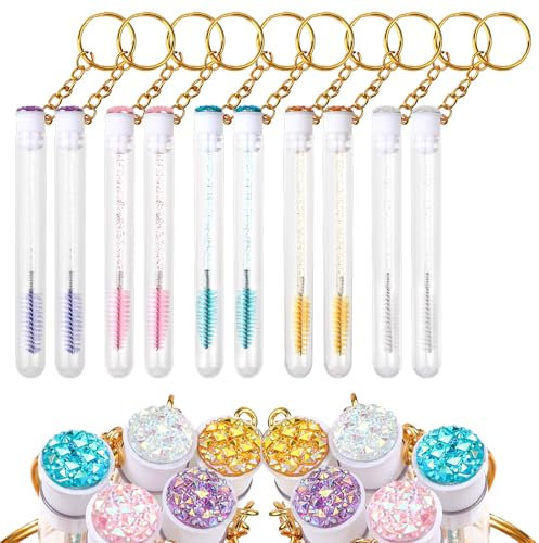 Ptwola Lot de 10 pinceaux jetables pour mascara à cils - Tubes à strass - Avec récipient vide réutilisable - Porte-clés - Applicateur de sourcils - Kit d'outils de maquillage pour extensions de cils
