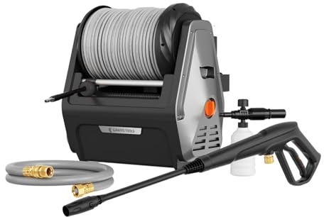 Giraffe Tools Wandmontierter Hochdruckreiniger Max 2400 PSI, 2.0 GPM | 1800 Watt Elektrischer Wasserdruckreiniger, mit 30M Einziehbarem Schlauch, für Autos/Zäune/Garten, Grauer weicher Schlauch