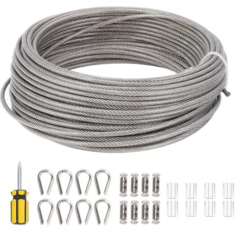 Stainless Steel Wire Rope Cable Kit, 66ft Length 3mm Dia Turnbuckle Lock Kit for Garden, Xmas Lights String Hanging with, Turnbuckles Trellis Wire, Plant Support Clothing Lines