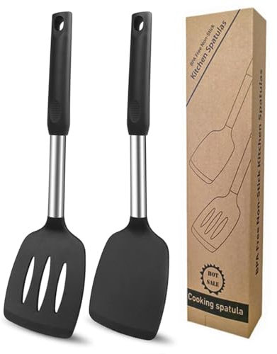 2 Stück Pfannenwender Silikon, Hitzebeständig Silikon Geschlitzt Pfannenwender, Küchenhelfer Spatel, Spülmaschinengeeignet, Antihaft Spachtel zum Kochen (Schwarz)