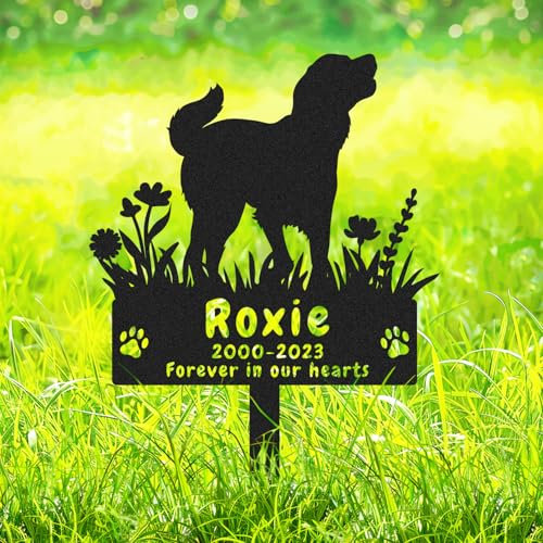 AdtHYUxq Personalised Metal Dog Memorial Garden Stake Golden Retriever Grave Marker, Custom Flowers Dog Memorial Grave Marker, Customized Pet Dog Memorial Grave Stake Remembrance Marker with Paws
