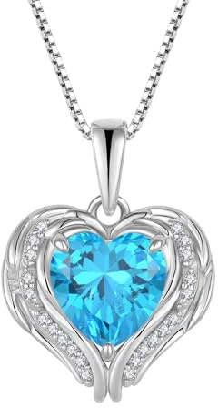 YL Collar de Ala de ángel Corazón Plata de Ley 925 con colgante aguamarina de piedra natal de marzo para Mujer Mamá