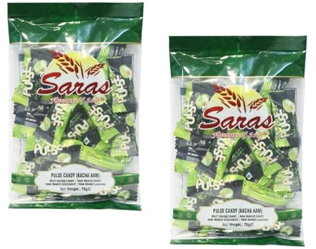 Saras Pulse Kaccha Aam Candy 75g (Pack of 2) | Tangy Raw Mango-Flavored Candy with Spicy Masala Center | Sweet & Sour Indian Treat