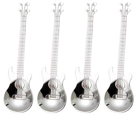 Cuchans de Desserts de Guitare 4pcs, Cuillère à café de café en Acier Inoxydable pour Remuer des Boissons Mélangeant la Confiture de Milk-shake (Guitare Cuillère-Argent)