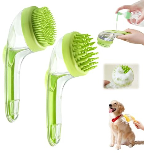 Hunde Badebürste, Hundebürste Nachfüllbares Hundeshampoo, Hunde Waschbürste mit Seifenspender, Massage Badebürste mit Langem Griff für Katzen und Hundedusche (Grün Feine&Grobe Zähne)