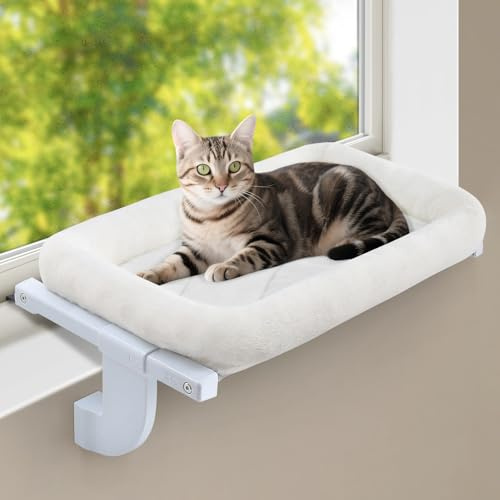 GUUSII HOME Hamaca Cama Gato Ventana para Gatos Camita Amaca Colgante Interior Gatito Grande Ajustable Sin Taladros ni Ventosas Fácil de Montar y Mover Soporta hasta 18kg (Blanco, M)