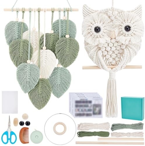 FREEBLOSS 2 Set DIY Macrame Leaf Wall Hanging Kit Beginners Macrame Kit Leaf and Owl Woven Tapestry Feather Wall Hanging DIY Macrame Kit for Adults Birthday Gift, Instructions Included
