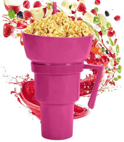 Snack and Drink Cup, Travel Food Beverage Holder, Leakproof Double-Compartment Container for Chips, Candy, Fruit, Dessert, Popcorn, Juice, Milk Tea, Party, Outdoor Events, Adult Use
