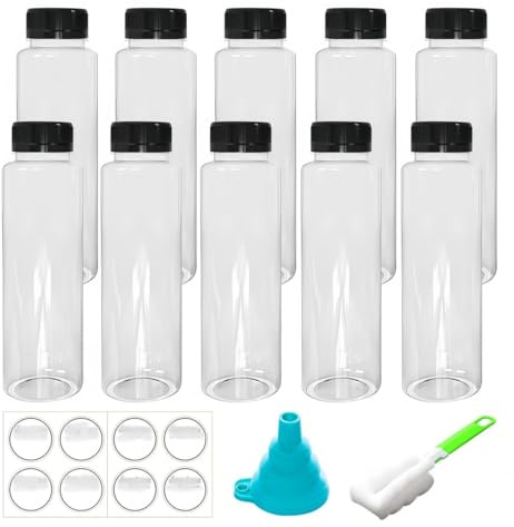 Wanfoou 250 ml Shot Botellas para rellenar, 10 botellas vacías de plástico reutilizables para batidos, transparentes, para leche, zumo, batidos o bebidas