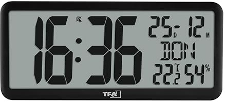 TFA Dostmann Horloge murale numérique geante XXL, 60.4525, avec température et humidité intérieures, avec calendrier, pour le bureau, les seniors, la cuisine, radio-pilotée, avec fonction réveil, noir