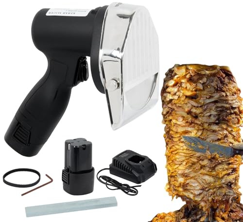 Couteau électrique à kebab, 80 W, couteau turc professionnel for shawarma, trancheuse gyro, 2 800 tr/min, avec 2 lames et 2 batteries, épaisseur réglable de 0 à 8 mm(Wave Blade)