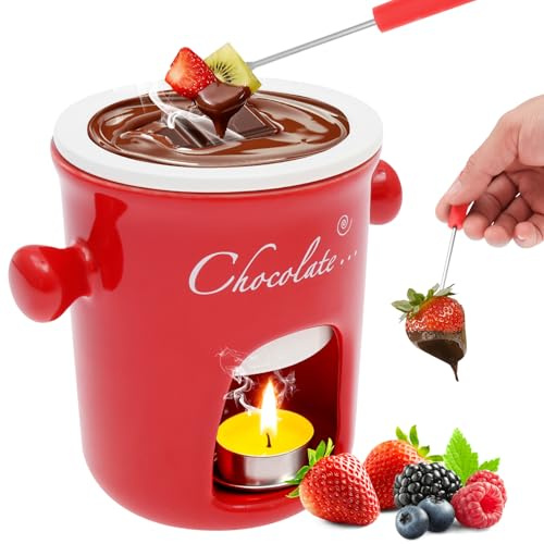 Eyoulife Schokofondue Tasse 280ml Schokoladenfondue Tasse mit Gabel Schokobrunnen Tassen Weihnachten für Schmelzen Käse Schokolade (Rot)