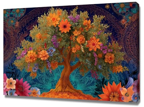 TODOAA Astratto Albero di Arte Quadri Albero della Vita Colorato Moderni Soggiorno Stampe Su Tela -Camera Da Letto Bagno Cucina Ufficio Sala Da Pranzo Bar(Orange 6)-50x70cm Incorniciato