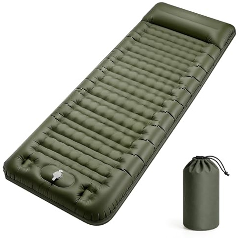 Esterilla Camping Autoinflable, Colchón Inflable Individual de Dormir Gruesa 12-16cm con Almohada, Inflatable Mattress con Bomba para los Pies, Colchoneta Camping Portátil para Campamento y Caminata