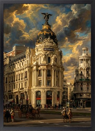 Fine Artic Cuadro del Edificio Metrópolis de Madrid Barroco - Poster de Gran Vía con Marco de madera Negro - Arte mural decoración Madrileña de España - Cuadros de Ciudades